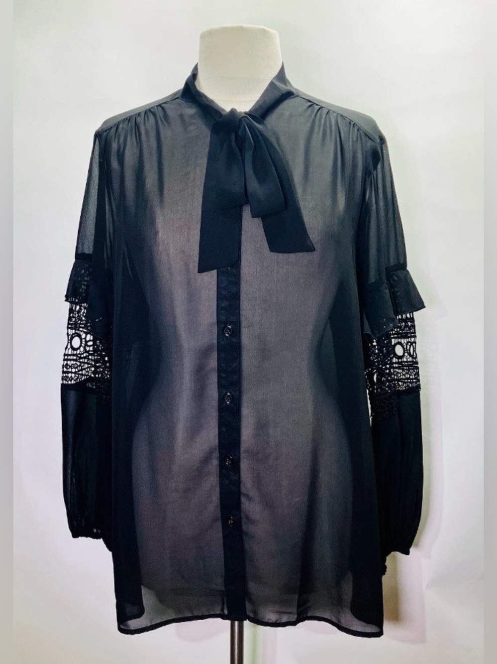 Vtg Antthony Originals Black Gothic High Collar LS Top w/ Ruffle & Lace Sz L